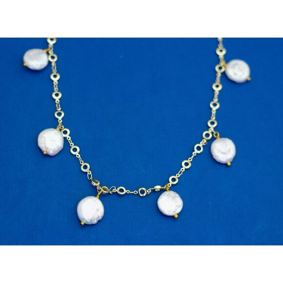 40 inch, Vintage Gold Tone Faux Pearl White Beads Chain Link Necklace D35 - Picture 1 of 3